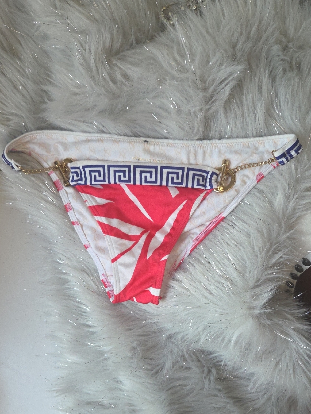 VICTIRIA SECRETS Gold Chain Accent Red, Blue & White Bikini Bottom